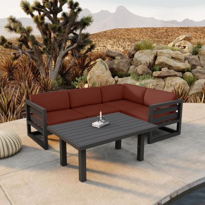 Misty Cove 5 Pc Aluminum Sectional Set in Slate W/ Canvas Henna Cushions & Classic Chat Table By Lakeview