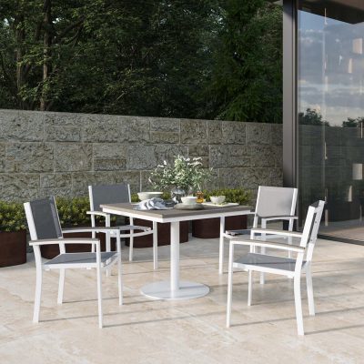 Travira 5 Pc Composite Sling & Aluminum Dining Set W/ Vintage Tekwood Arm Caps & Square Table Top in Chalk/Titanium By Oxford Garden