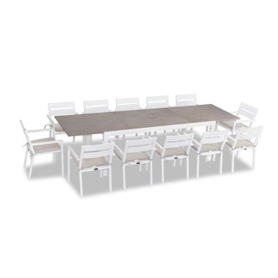 Calm Bay 13 Pc Extendable Dining Set in White/Barnwood/Cast Silver by Lakeview