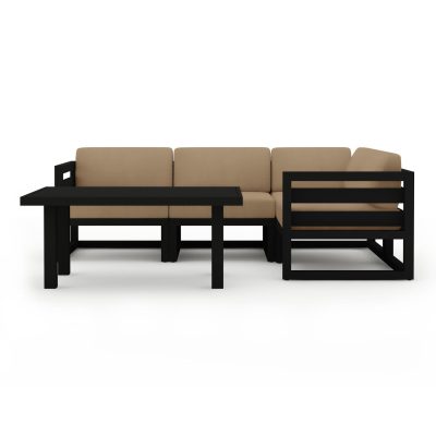 Misty Cove 5 Pc Aluminum Sectional Set in Black W/ Heather Beige Cushions & Classic Chat Table By Lakeview