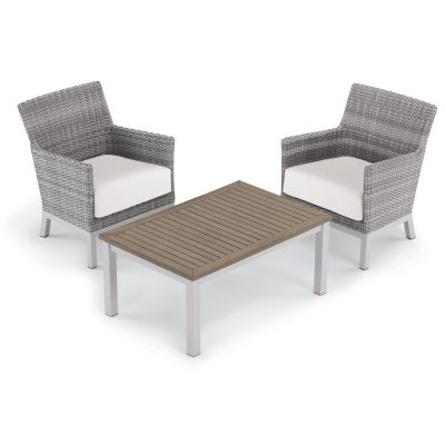 Argento 3 Piece Wicker Patio Conversation Set W/ Tekwood Vintage Coffee Table & Eggshell White Cushions By Oxford Garden