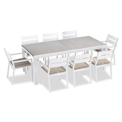 Calm Bay 9 Pc Extendable Dining Set in White/Concrete/Canvas Flax by Lakeview