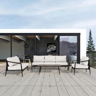 Midnight Cove 5 Pc Aluminum Sofa Seating Set in Black/Carbon/Canvas Natural By Lakeview Outdoor Designs