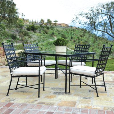 Sunset West Provence 5 Piece Wrought Iron Patio Dining Set W/ 44-Inch Square Table & Sunbrella Canvas Flax Cushions