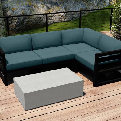 Misty Cove 5 Pc Aluminum Sectional Set in Black W/ Cast Lagoon Cushions & Long Coffee Table By Lakeview