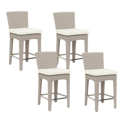 Manhattan 4 Piece Wicker Patio Counter Height Bar Stool Set W/ Sunbrella Linen Canvas Cushions By Sunset West