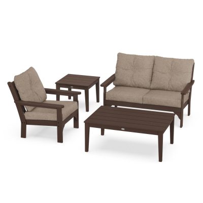 POLYWOOD Vineyard 4-Piece Deep Seating Set w/ Side Table – Mahogany / Spiced Burlap