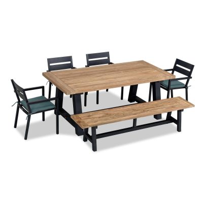 Calm Bay Mill 7 Pc Reclaimed Teak Dining Set w/ Bench in Black/Cast Lagoon by Lakeview