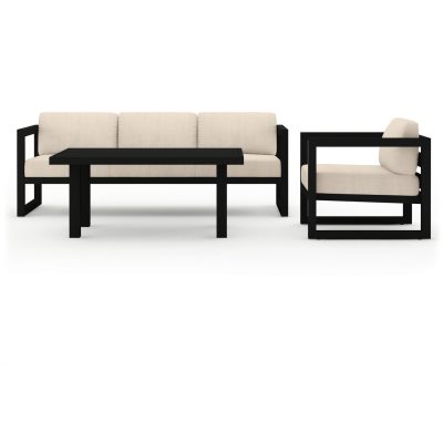 Misty Cove 3 Pc Aluminum Sofa Set in Black W/ Canvas Flax Cushions & Classic Chat Table By Lakeview