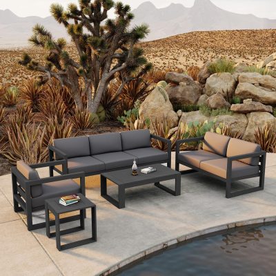 Misty Cove 5 Pc Aluminum Sofa Set in Slate W/ Canvas Charcoal Cushions By Lakeview