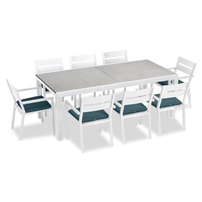 Calm Bay 9 Pc Extendable Dining Set in White/Concrete/Cast Lagoon by Lakeview