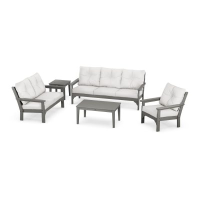 POLYWOOD Vineyard 5-Piece Deep Seating Set w/ Sofa – Slate Grey / Natural Linen