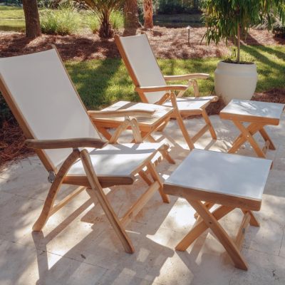 Florida 5 Piece Teak Patio Seating Set W/ Footrests and Side Table By Royal Teak Collection- White Sling