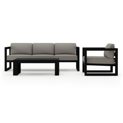 Misty Cove 3 Pc Aluminum Sofa Set in Black W/ Canvas Charcoal Cushions & Portal Coffee Table By Lakeview