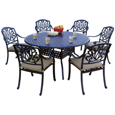 Elisabeth 7 Piece Cast Aluminum Patio Dining Set W/ 60 Inch Round Table & Sesame Cushions By Darlee