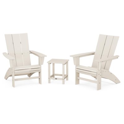 POLYWOOD Modern 3-Piece Curveback Adirondack Set w/ Long Island 18-Inch Side Table – Sand