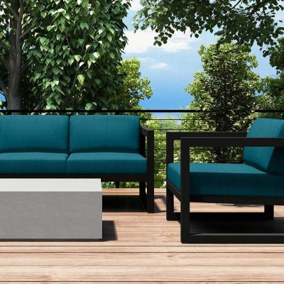 Misty Cove 3 Pc Aluminum Sofa Set in Slate W/ Spectrum Peacock Cushions & Long Coffee Table By Lakeview