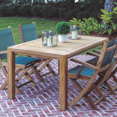 Sailmate 5 Piece Teak Patio Dining Set W/ 63 X 35 Inch Rectangular Table And Dining Arm Chairs By Royal Teak Collection – Moss Sling