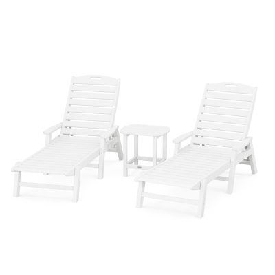 POLYWOOD Nautical 3-Piece Chaise Lounge W/Arms Set W/South Beach 18 Inch Side Table – White