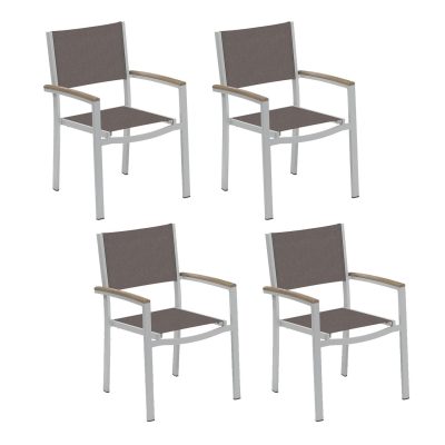 Travira 4 Pc Composite Sling & Aluminum Dining Chair W/ Vintage Tekwood Arm Caps in Flint/Cocoa By Oxford Garden