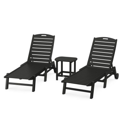 POLYWOOD Nautical 3-Piece Chaise Lounge W/Wheels Set W/South Beach 18 Inch Side Table – Black