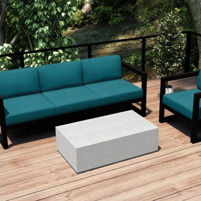 Misty Cove 3 Pc Aluminum Sofa Set in Black W/ Spectrum Peacock Cushions & Long Coffee Table By Lakeview