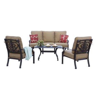 Darlee Santa Barbara 4 Piece Cast Aluminum Patio Conversation Set W/ 42 X 21 Inch Rectangular Coffee Table & Sesame Cushions