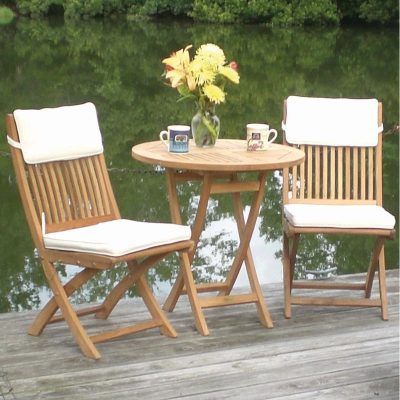 Sailor 3 Piece Teak Patio Bistro Set W/ 29 Inch Round Folding Table And Sunbrella Canvas Natural Cushions By Royal Teak Collection