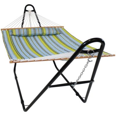 Ultimate Patio Quilted Double Hammock w/ Universal Multi-Use Stand & Pillow – Blue & Green