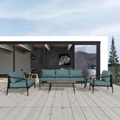 Midnight Cove 5 Pc Aluminum Sofa Seating Set in Black/Carbon/Cast Lagoon By Lakeview Outdoor Designs