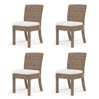 Sunset West Havana 4 Piece Resin Wicker Patio Armless Dining Chair Set W/ Sunbrella Canvas Flax Cushions