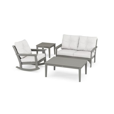 POLYWOOD Vineyard 4-Piece Deep Seating Rocker Set – Slate Grey / Natural Linen