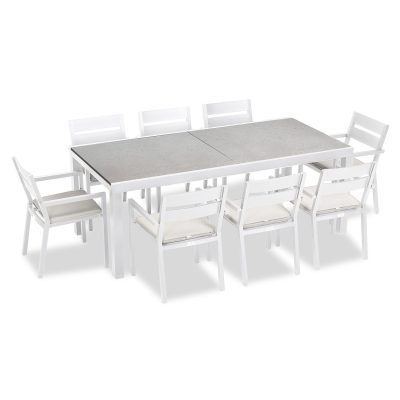 Calm Bay 9 Pc Extendable Dining Set in White/Concrete/Canvas Natural by Lakeview