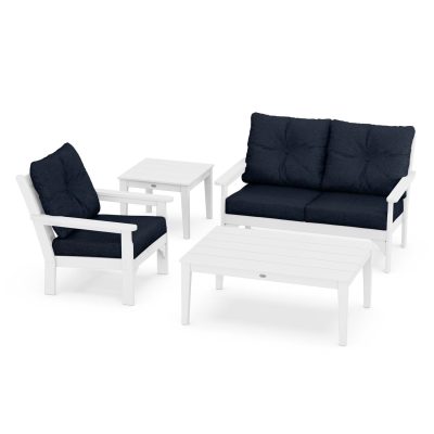 POLYWOOD Vineyard 4-Piece Deep Seating Set w/ Side Table – White / Marine Indigo