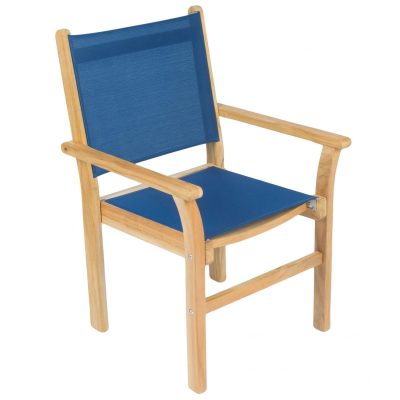 Captiva Stacking Teak Patio Dining Arm Chair W/ Navy Sling By Royal Teak Collection
