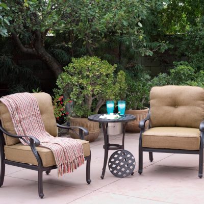 Nassau 3 Piece Cast Aluminum Patio Conversation Set W/ End Table Ice Bucket Insert & Sesame Cushions By Darlee