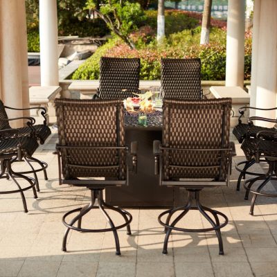 Darlee Victoria 9 Piece Resin Wicker Patio Counter Height Fire Pit Bar Set W/ 64 Inch Square Table