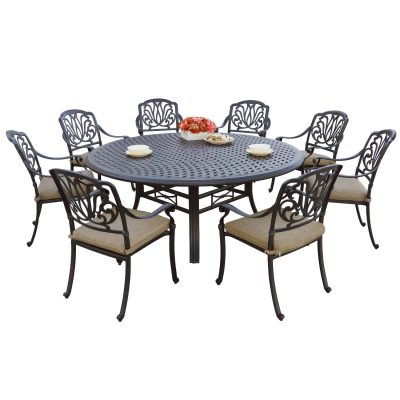 Elisabeth 9 Piece Cast Aluminum Patio Dining Set W/ 71 Inch Round Table & Sesame Cushions By Darlee