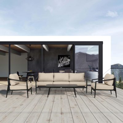 Midnight Cove 4 Pc Aluminum Sofa Seating Set in Black/Carbon/Canvas Flax By Lakeview Outdoor Designs