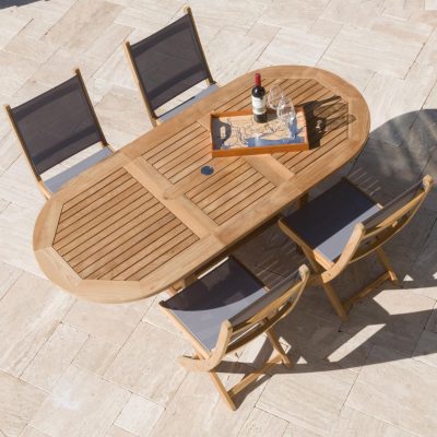 Sailmate 5 Piece Teak Patio Dining Set W/ 60 X 35 Inch Oval Extension Table By Royal Teak Collection – Gray Sling