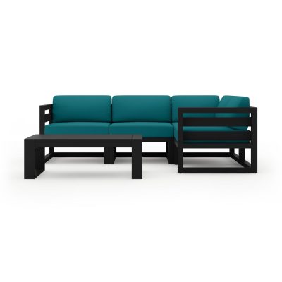 Misty Cove 5 Pc Aluminum Sectional Set in Black W/ Spectrum Peacock Cushions & Portal Coffee Table By Lakeview