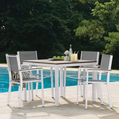 Travira 5 Pc Composite Sling & Aluminum Dining Set W/ Vintage Tekwood Arm Caps & Table Top in Chalk/Titanium By Oxford Garden