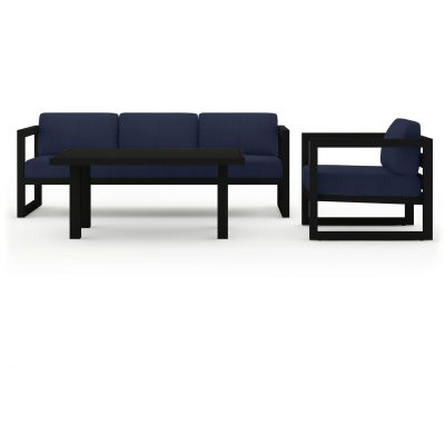 Misty Cove 3 Pc Aluminum Sofa Set in Black W/ Spectrum Indigo Cushions & Classic Chat Table By Lakeview