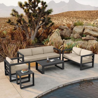 Misty Cove 5 Pc Aluminum Sofa Set in Slate W/ Canvas Flax Cushions By Lakeview