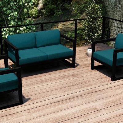 Misty Cove 3 Pc Aluminum Loveseat Set in Black W/ Spectrum Peacock Cushions By Lakeview