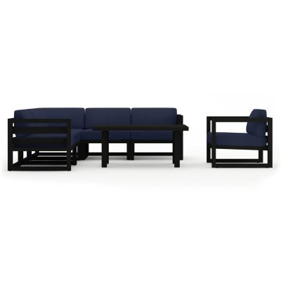 Misty Cove 7 Pc Aluminum Sectional Set in Black W/ Spectrum Indigo Cushions & Classic Chat Table By Lakeview