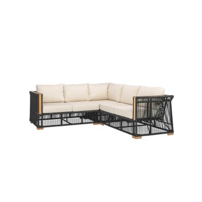 Breeze 3 Piece Olefin Rope & Teak Patio Sectional in Charcoal/Sand By Teak + Table