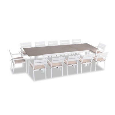 Calm Bay 13 Pc Extendable Dining Set in White/Barnwood/Canvas Flax by Lakeview