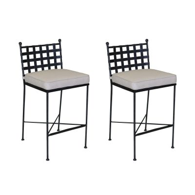 Provence 2 Piece Wrought Iron Patio Bar Stool Set W/ Sunbrella Canvas Flax Cushions By Sunset West