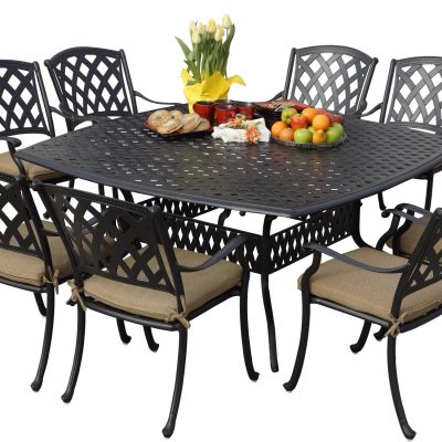 Darlee Ocean View 9 Piece Cast Aluminum Patio Dining Set W/ 64 Inch Square Table & Sesame Cushions